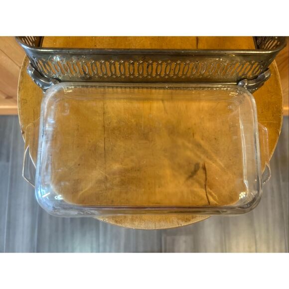 Vtg Anchor Hocking Fire King 1 Quart Rectangle Glass Casserole Dish Silver Tray - Picture 8 of 11